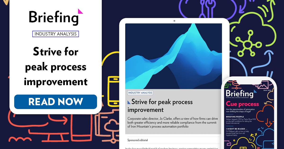 Briefinglegal (@briefinglegal) on Twitter photo Corporate sales director Jo Clarke on how firms can drive greater efficiency and more reliable compliance from the summit of <a href="/IronMountain/">Iron Mountain</a>'s process automation portfolio.
bit.ly/3N41pDg
#legalmarket #legalbusiness #automation #processautomation Corporate sales director Jo Clarke on how firms can drive greater efficiency and more reliable compliance from the summit of <a href="/IronMountain/">Iron Mountain</a>'s process automation portfolio.
bit.ly/3N41pDg
#legalmarket #legalbusiness #automation #processautomation