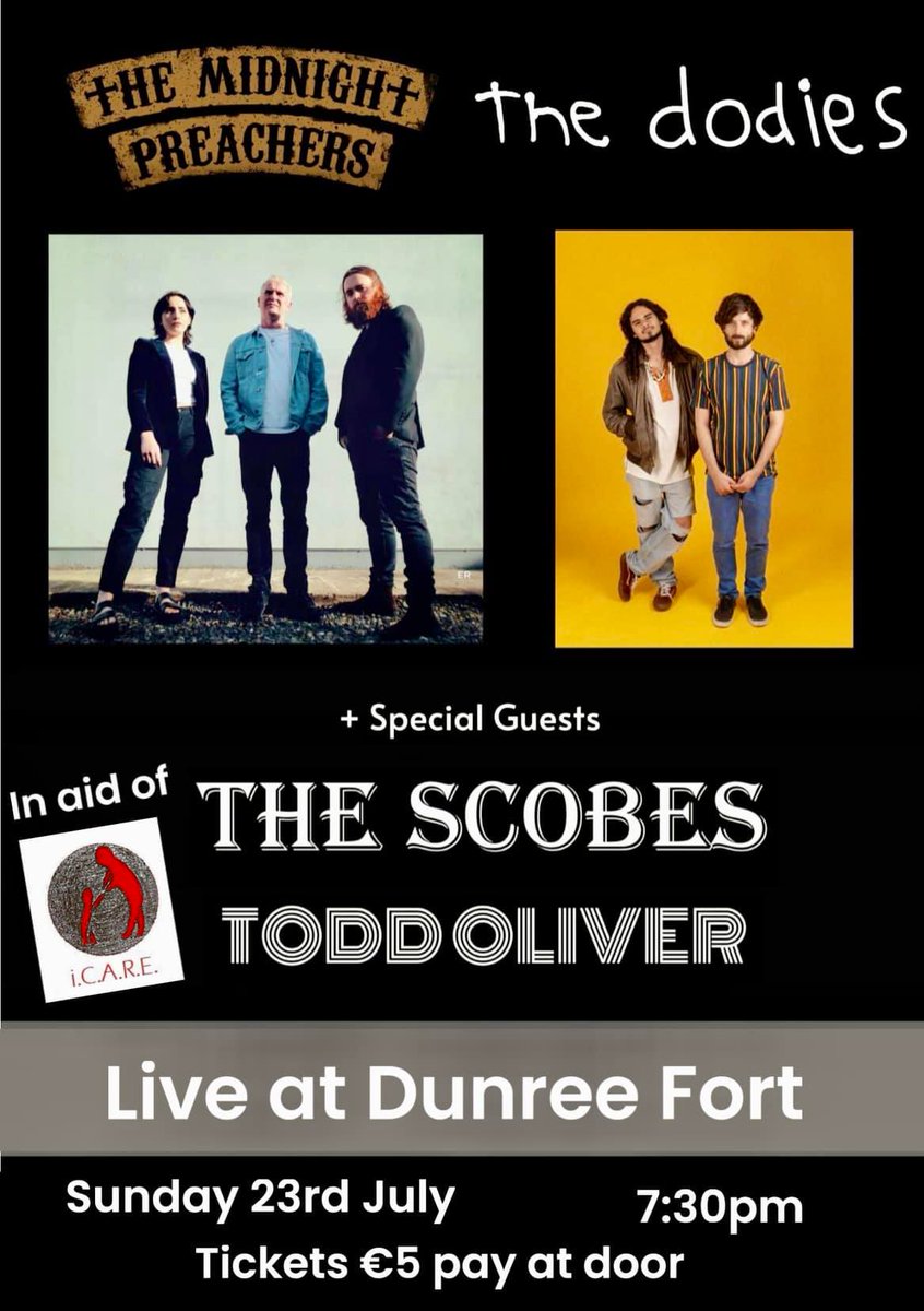 Pleased to announce an exciting music event that will take place indoors at Dunree Fort Sunday 23rd July 7:30pm 
we can’t wait to hear music from The Midnight Preachers, The Dodies, the scobes and Todd Oliver… tickets will be available on the door priced at €5.
Everyone welcome