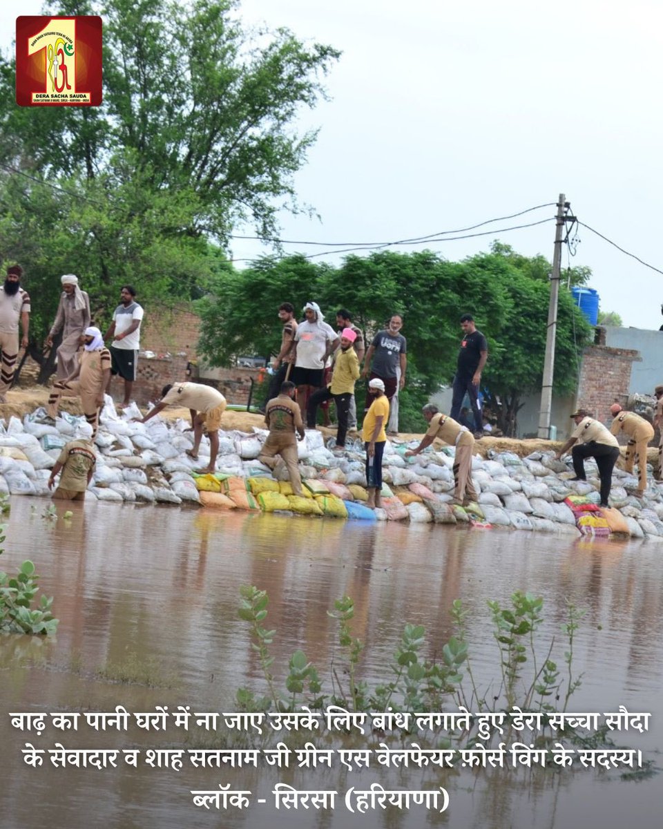 DSSNewsUpdates's tweet photo. With unwavering resolve, Dera Sacha Sauda volunteers stand as pillars of empathy, turning sorrow into hope, and lending strength to those in dire need. Displaying humanity, they are working tirelessly to construct embankments on breached river banks, so that no further damage occurs. Hats off to their bravery! #SaintDrMSG #FloodRelief #DeraSachaSauda #RamRahim #Humanity