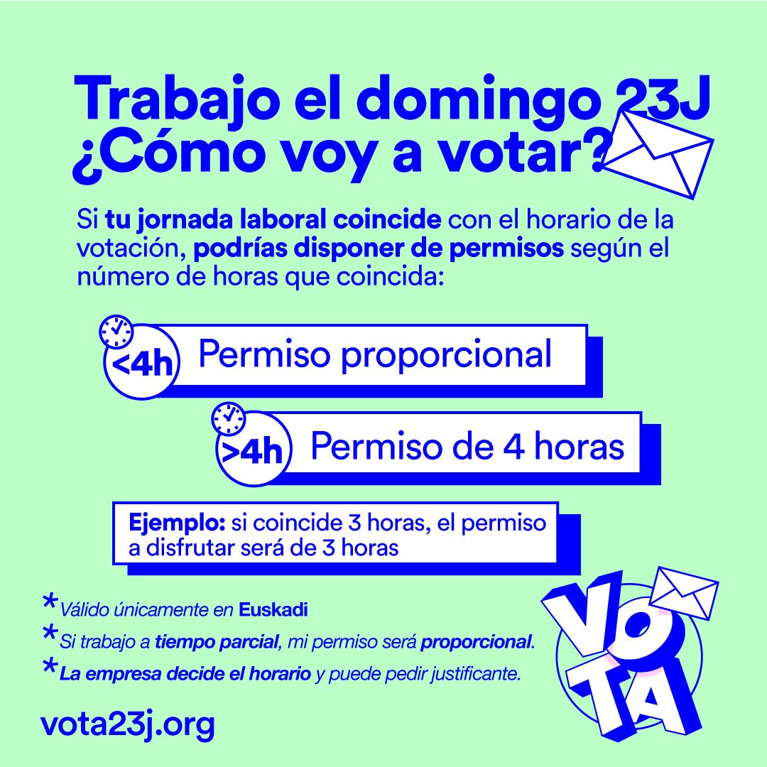 📅 ¿Trabajas el domingo? ¡No hay problema!

⏲️ Si tu jornada de trabajo coincide con el horario electoral puedes disfrutar de permisos para ejercer tu derecho al voto.

🗳️ El 23 de julio ve a votar con tu gente y #MultiplicaTuVoto.

#Vota23J