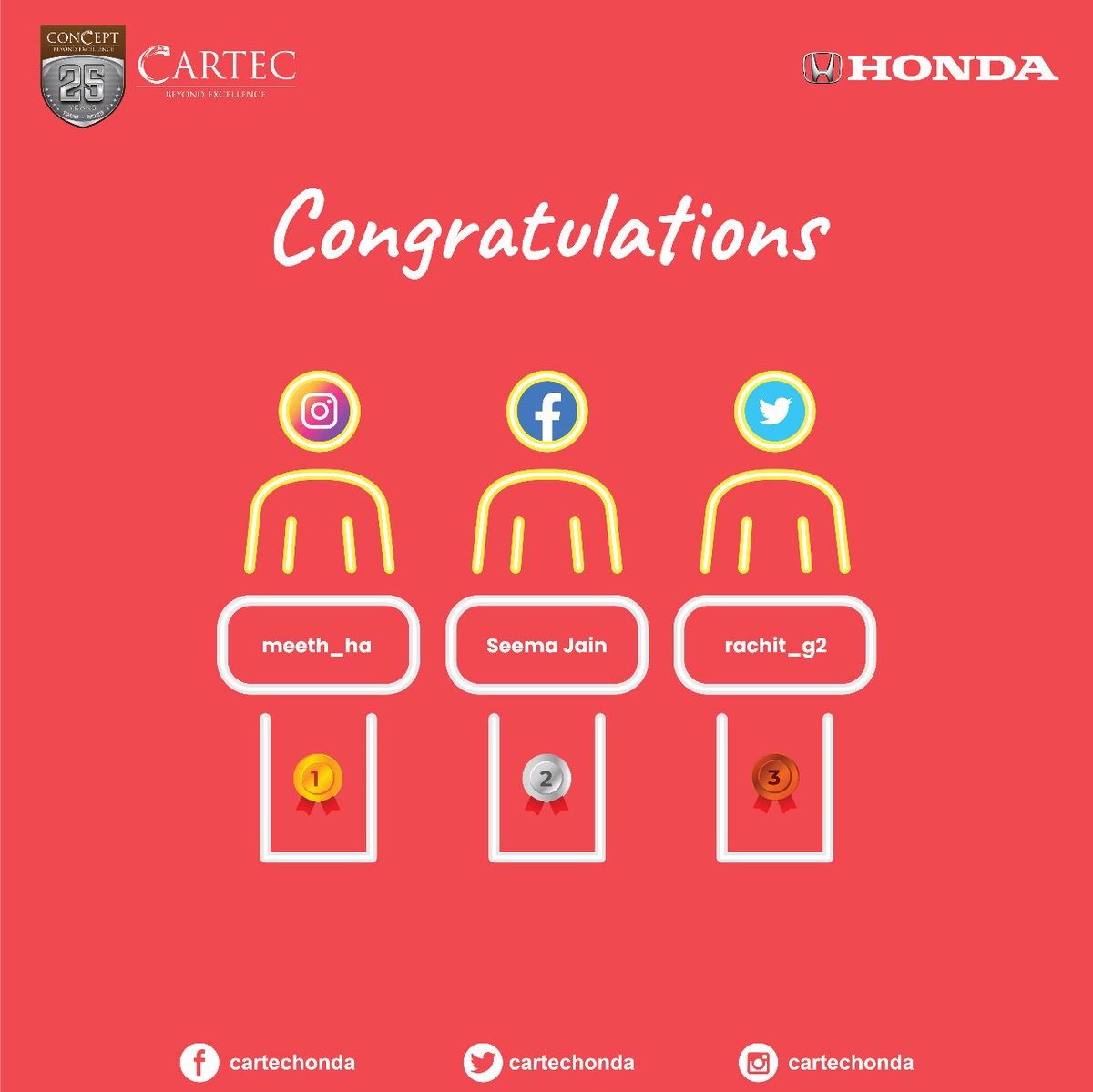 𝐇𝐞𝐫𝐞 𝐚𝐫𝐞 𝐭𝐡𝐞 𝐥𝐮𝐜𝐤𝐲 𝐐𝐮𝐢𝐳 𝐰𝐢𝐧𝐧𝐞𝐫𝐬.
A big congratulations to all winners of the Quiz competition.

.
#CartecHonda #ConceptGroup #BeyondExcellence #HondaCarDealer #Honda #Hondalndia #QuizTime #quizcompetition #GuessTheCar #quiz #ExcitingPrizes