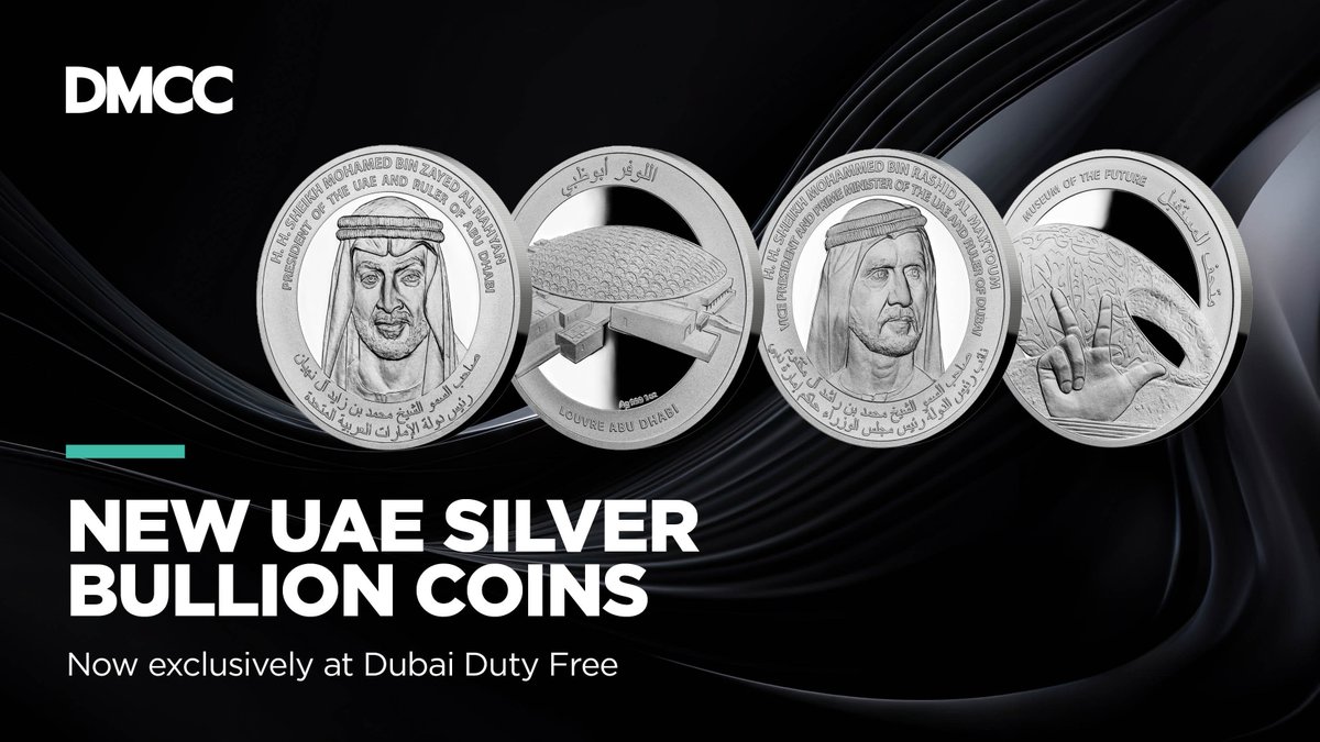 DMCCAuthority's tweet photo. Unveiling #DMCC's 1st edition of #UAE Silver Bullion Coins, these 1-ounce 999 purity #silver coins pay homage to the UAE's leadership &amp; achievements. Own a piece of the UAE's heritage – available to purchase now at @dubaidutyfree shops in all airport terminals &amp; on their website. https://t.co/9VEWsTj7Nn