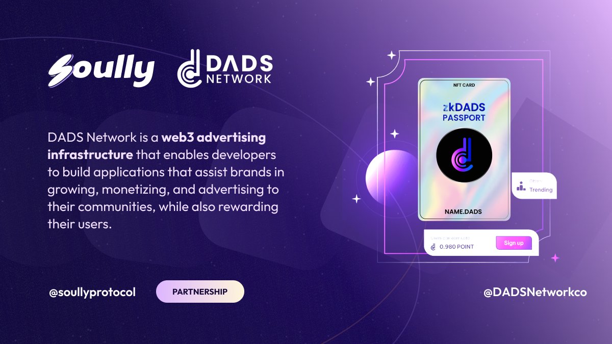 Who is <a href="/DADSNetworkco/">Dads Network</a>?

DADS Network is a Web3 advertising infrastructure that serves developers, businesses and users to:

✅ Build growing branded app
✅ Monetize &amp; advertise to most active community
✅ Receive the best incentives

Learn more ➡️ dadsnetwork.co