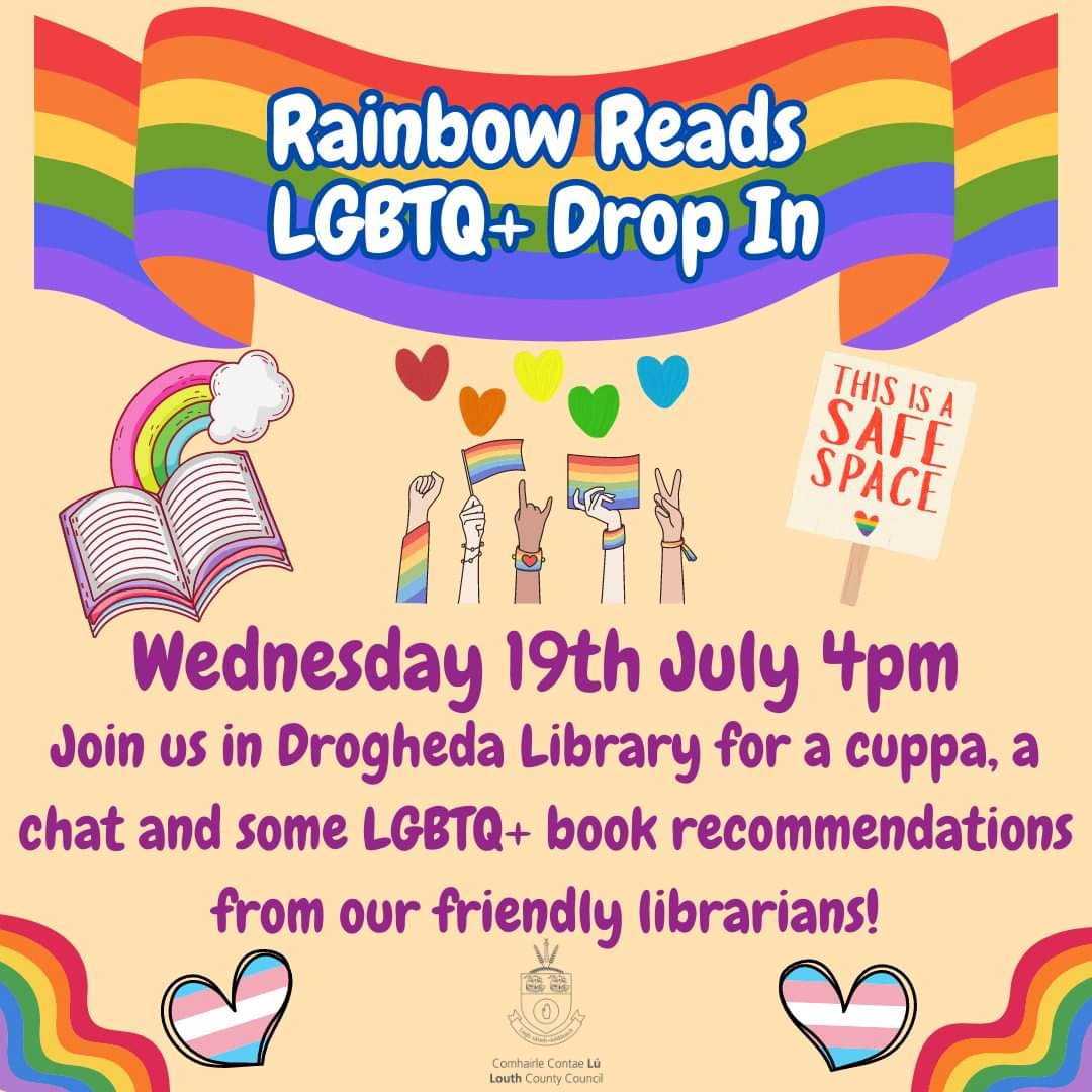 Join us 4pm today at Louth Library Service for Rainbow Reads. 

See you there 🏳️‍🌈🏳️‍⚧️
<a href="/LouthLibraries/">Louth Co. Libraries</a> <a href="/GCNmag/">Gay Community News</a>