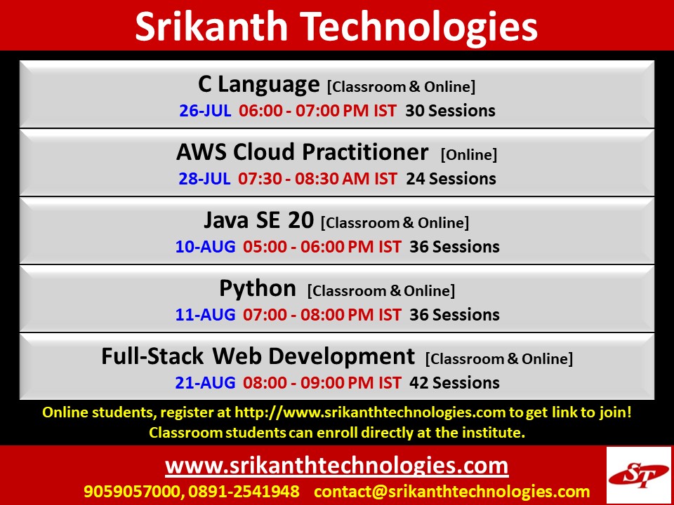 srikanthpragada's tweet image. Will start courses:
#CLanguage
#AWS 
#JavaSE
#Python
#FullStack #WebDevelopment   
Please visit srikanthtechnologies.com for more details.     
#pythonprogramming #java #javascript #nodejs #expressjs #programming #coding #onlinecourse #mysql #CloudComputing