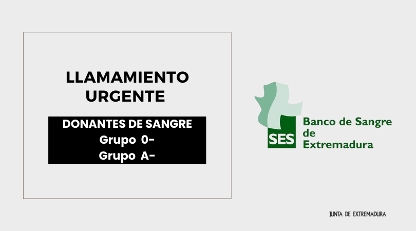 🆕 Nuevo LLAMAMIENTO URGENTE del Banco de Sangre de Extremadura. 

Se necesita sangre de los GRUPOS A- y 0- para abastecer a los hospitales de la región.

◾ Fechas y lugares de donación: tinyurl.com/2jzc6xvx

◾ Información y dudas: tinyurl.com/2hksdmmg
