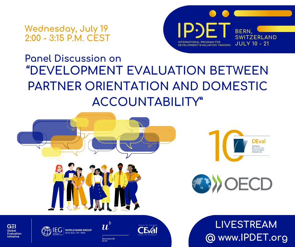 IPDET (@ipdet_community) on Twitter photo 📣 2 hours left until our Panel Discussion on “Development Evaluation between partner orientation and domestic accountability” at our #IPDET2023 On-Site program!
Live stream here: ipdet.org
This takes place to celebrate 40 years <a href="/OECD_EVALNET/">OECD DAC EvalNet</a> Development! 📣 2 hours left until our Panel Discussion on “Development Evaluation between partner orientation and domestic accountability” at our #IPDET2023 On-Site program!
Live stream here: ipdet.org
This takes place to celebrate 40 years <a href="/OECD_EVALNET/">OECD DAC EvalNet</a> Development!