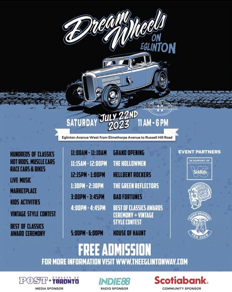 This Saturday catch the Hell Bent Rockers in Toronto at the Dream Wheels on Eglinton at 12:15. Lots of great bands, cool cars and bikes and fun events for the kids!!!