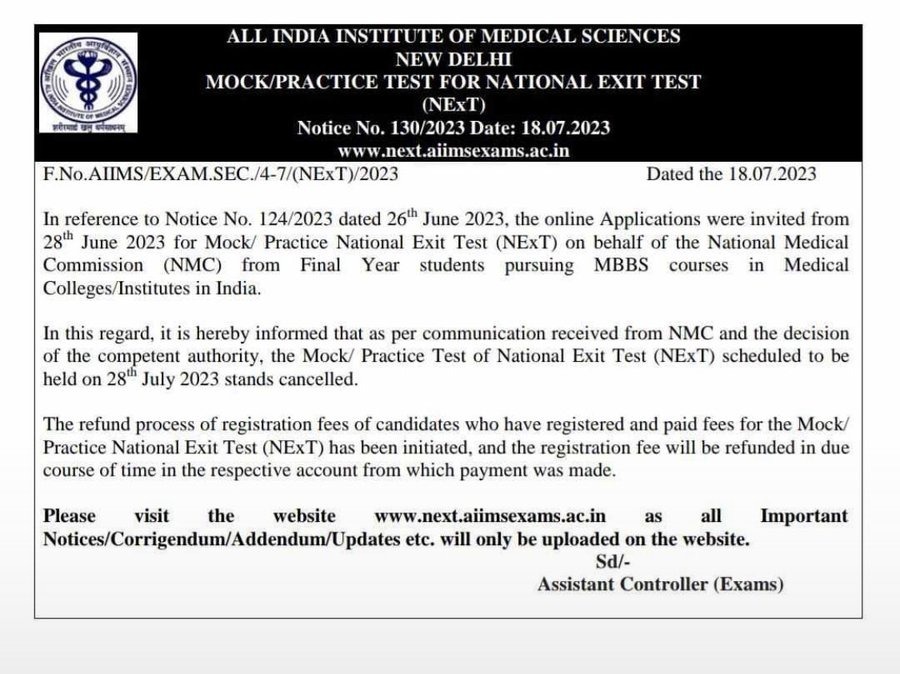 dbmci_official's tweet image. AIIMS issues official notification with respect to NExT Mock Exam. The refund process of registration fees of candidates has been initiated. 

#NExTMockExam #NExTUpdate #NExTMock