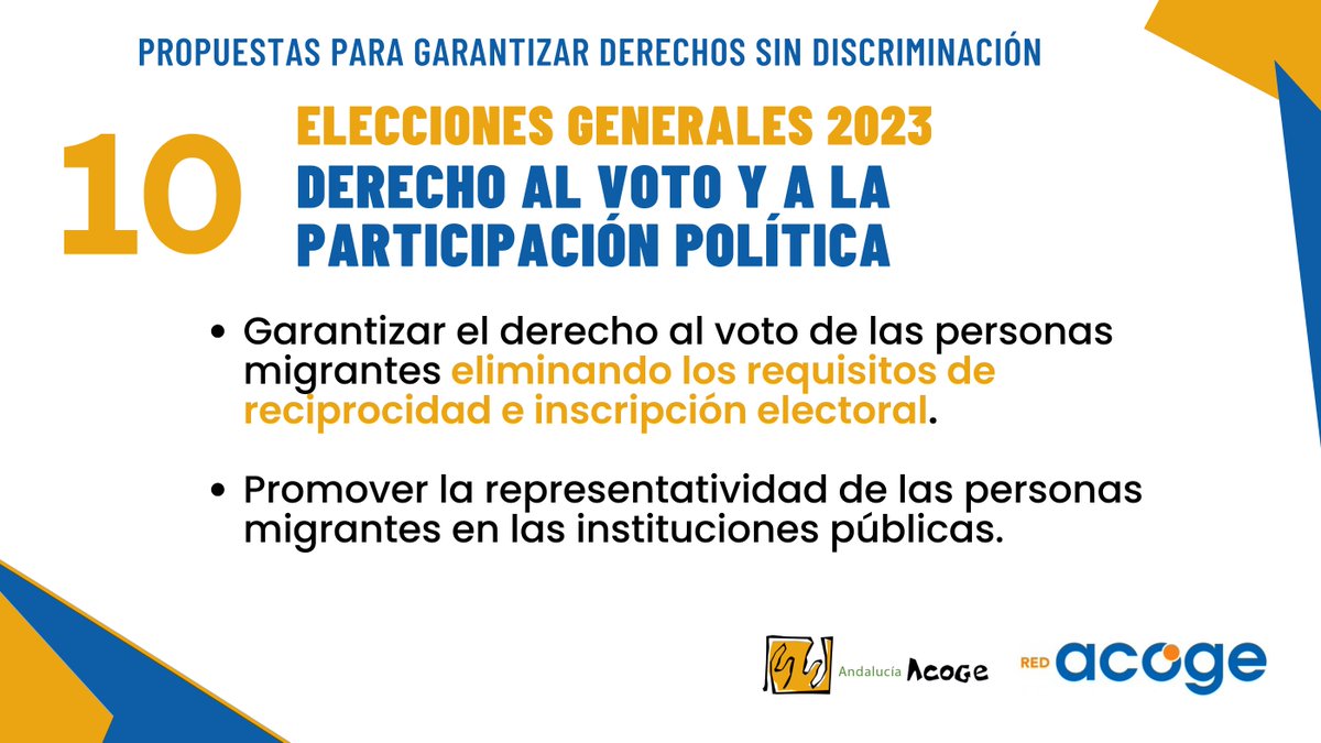 En las elecciones generales no pueden votar 4,7 millones de personas extranjeras extracomunitarias que aquí viven, trabajan, estudian, tributan… pero están excluidas de la participación política.

Por el derecho al voto migrante, este #23J #PropuestasAcoge