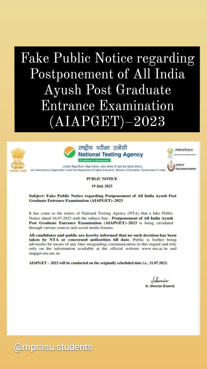 mpmsu_students's tweet image. Fake Public Notice regarding Postponement of All India Ayush Post Graduate Entrance Examination (#AIAPGET)–2023
#NTA