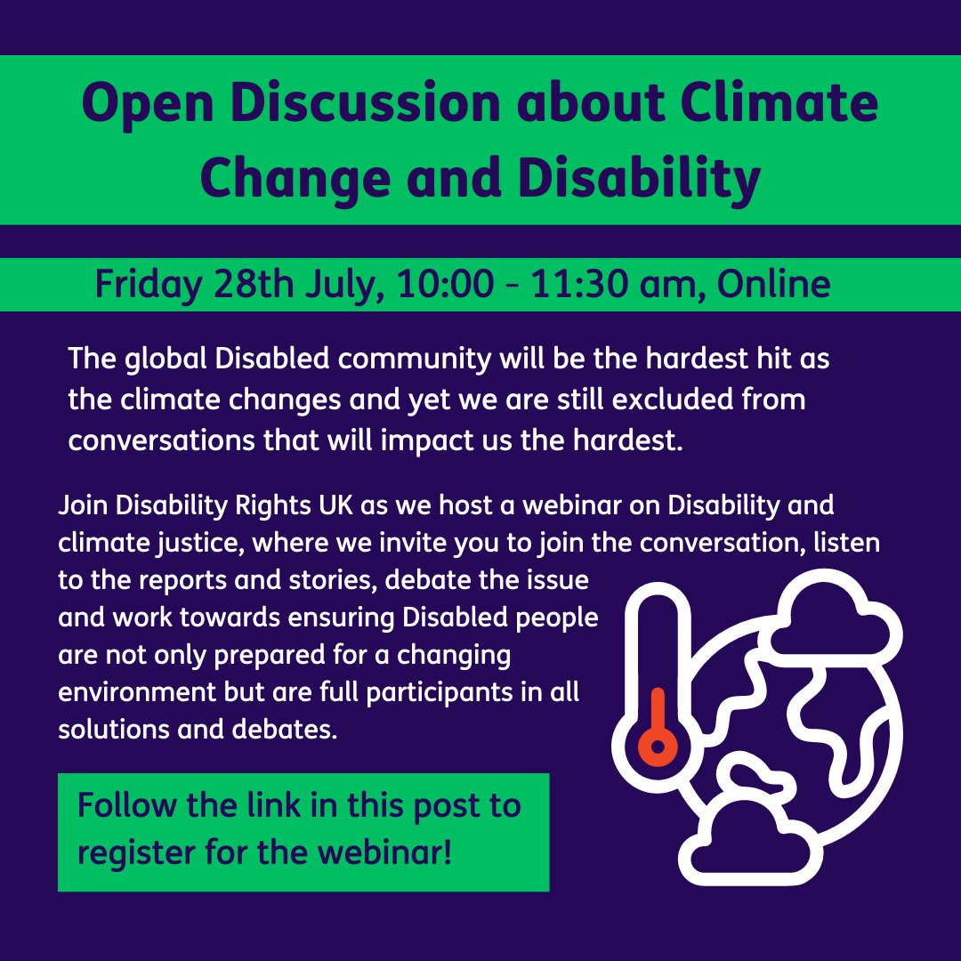 🌎Disabled people are the most affected by climate change, and yet often left out of the conversation. We're hosting this webinar to create a space where we can have a say on climate justice.

🌎Friday 28th July, 10-11:30am

🌎Register here: us02web.zoom.us/meeting/regist…
