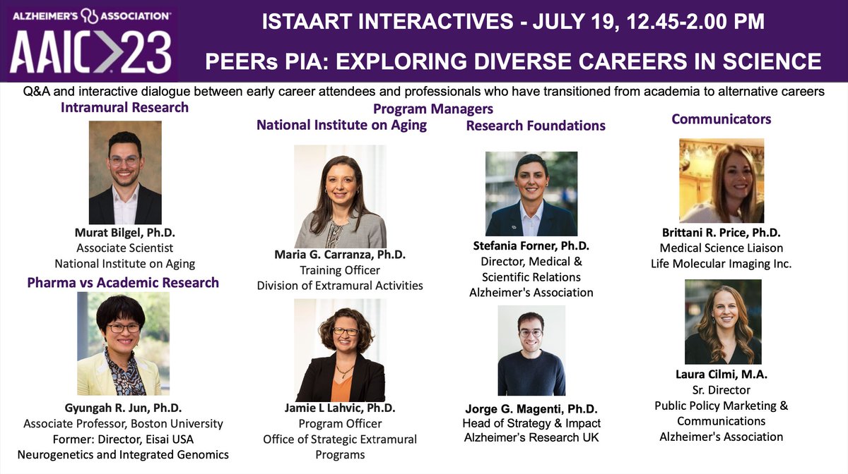 Join us today at 12:45 pm in Elicium 1 at #AAIC23 for our @ISTAART Interactive on Exploring Diverse Careers in Science! With @bilgelm @carrranza_mg @DrJamie_L of @NIHAging @jgmagenti of @AlzResearchUK @stforner @lcilmi of @alzassociation & @Brittanirae15 of #LifeMocularImaging