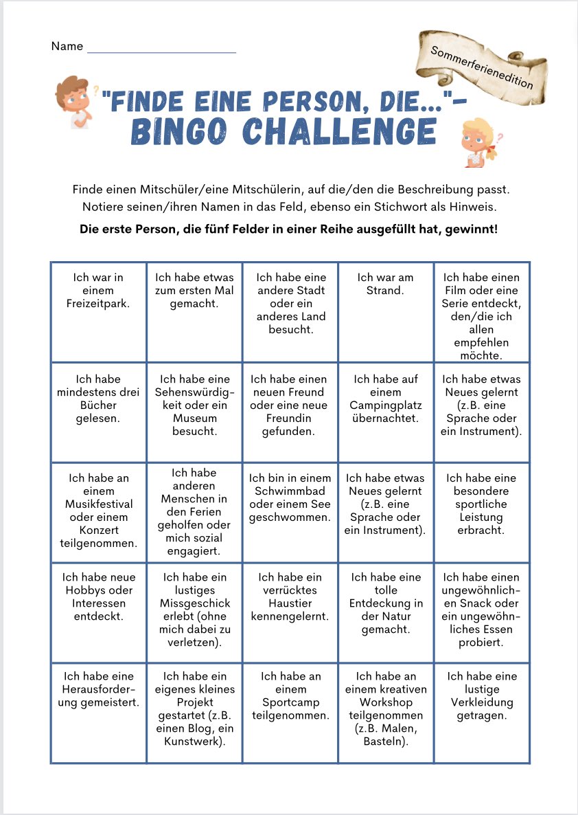 Kennenlernbingo (Sommerferienedition) für neue Klassen nach den Sommerferien.
Wer es brauchen kann, findet hier die Vorlage: canva.com/design/DAFo5kM… #twlz