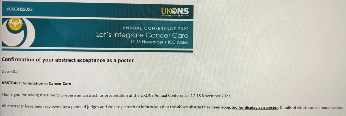 So this just happened 😱🙈
My abstract for a poster presentation at the UKONS conference this year in Wales, just got approved!! 🤩 I am very excited (and nervous) to be a part of the team representing Portsmouth Hospitals at this conference!