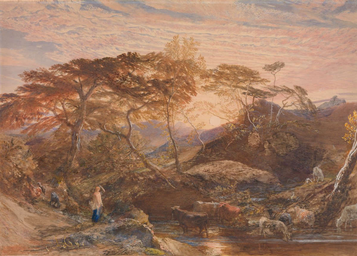 #OTD 1858 Over a sketch of twilight Palmer writes 'Finest twilights (with moon) of all I think which add to full splendour of colour the mystery of transparent vaporous gloom. In these days, there is an immense power of light” 

Sabrina 1856
Watercolor and gouache 
#SamuelPalmer