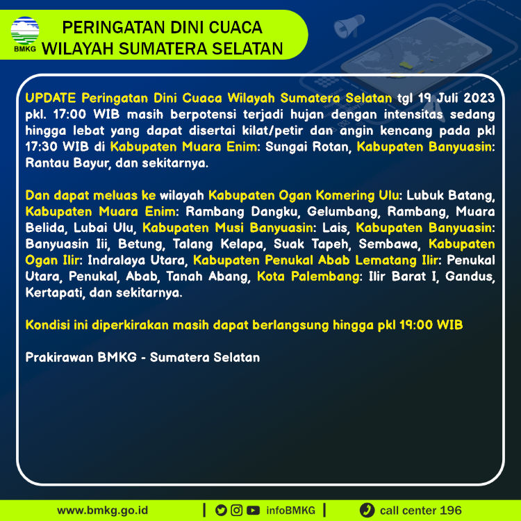 Update Peringatan Dini Cuaca Wilayah - Sumatera Selatan Tgl. 19 Juli 2023 pkl. 17:30 WIB
Prakirawan - BMKG - Sumatera Selatan
nowcasting.bmkg.go.id/nowcast?kodwil…