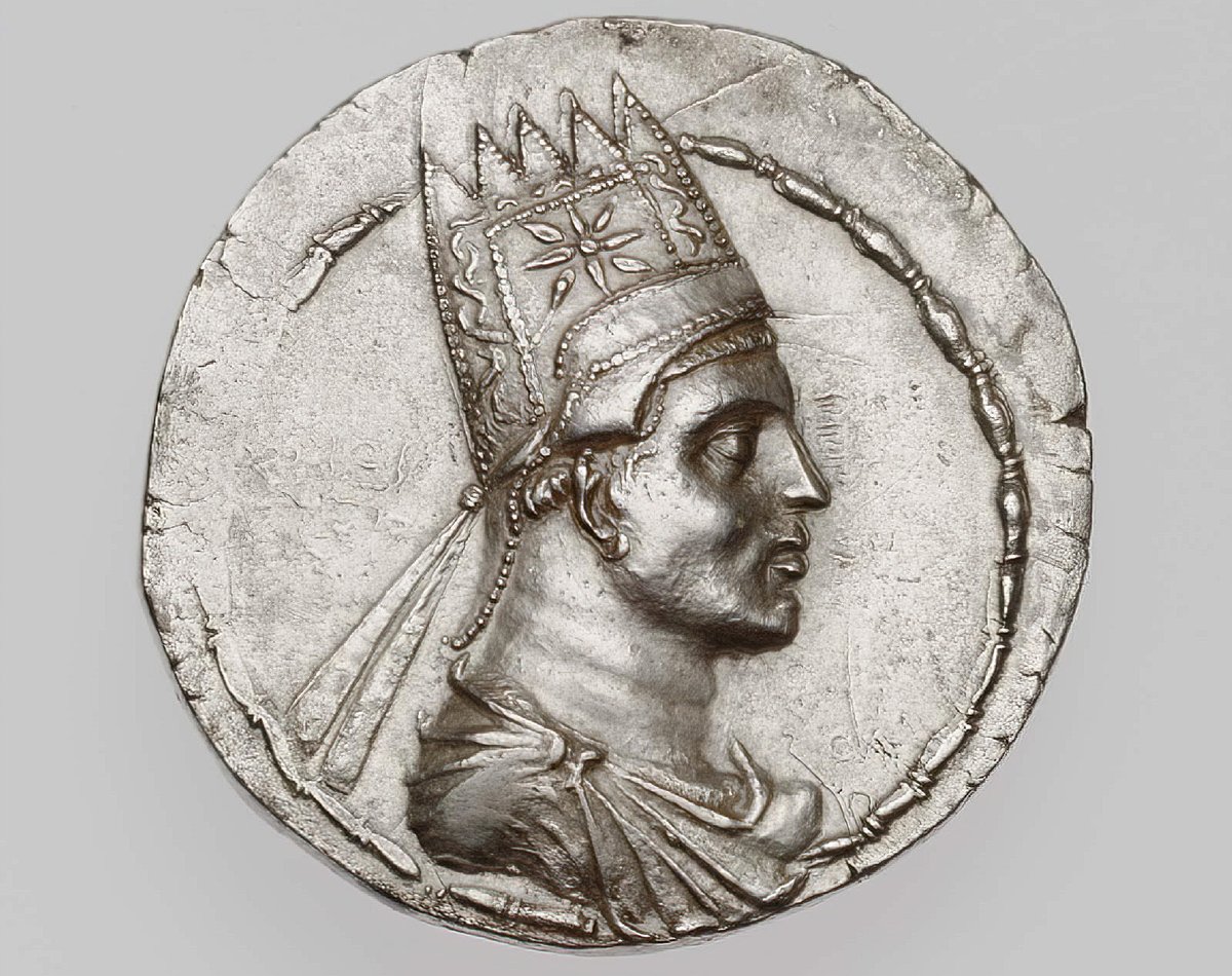 An astounding portrait of Artavasdes II, king of Armenia (55-34 BC), on a silver tetradrachm struck during his reign. Initially a friend of Rome, Artavasdes' alliance with the Republic became increasingly strained. After refusing to assist Mark Antony in his misguided campaign