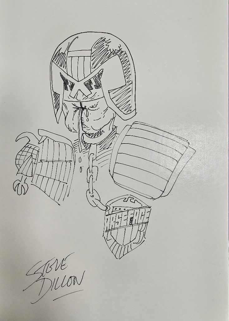 SDillonExhibs's tweet photo. Did somebody say Judge Arseface?! Thanks to the lovely Joanne Alexander for sharing this sketch with us at Lawless that Steve drew for her many years ago! The original is definitely worthy of a print on a T-Shirt! #stevedillon #judgedredd #preacher #arseface #2000ad #vertigo https://t.co/tMJyDXQyf8