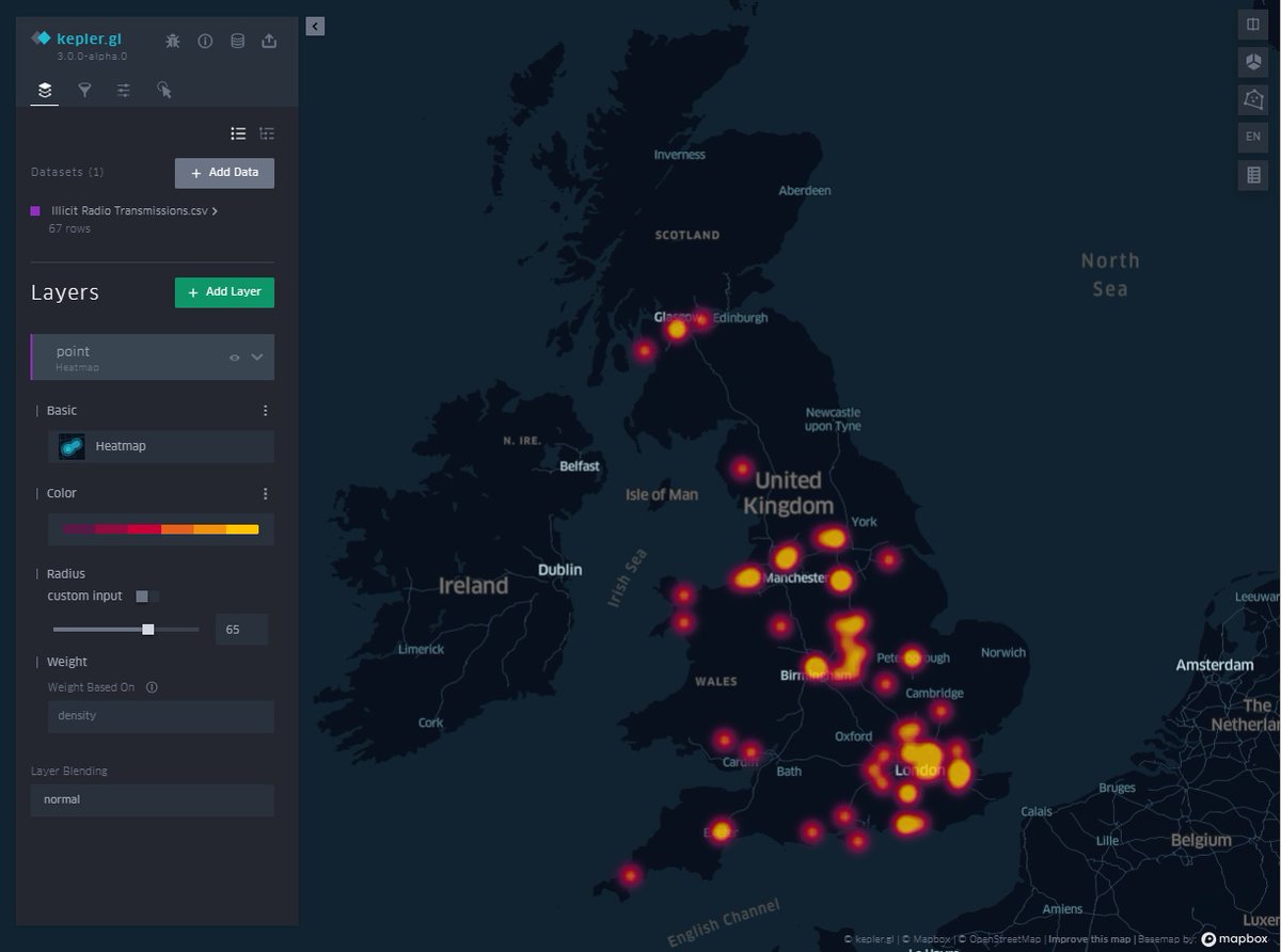 I've been mapping illicit radio transmissions, using data extracted from National Archives files, as part of the #CongruenceEngine project. Here's a heatmap for 66 incidents between 1945 to 1955, using kepler.gl. Reflects availability of post-war surplus radio kit