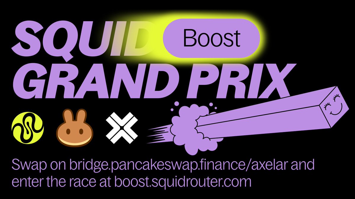 squidrouter's tweet photo. Calling all PancakeSwappers! 🥞

 Have you used Squid + @axelarcore's cross-chain swaps on @PancakeSwap lately?

Buckle up, cause the Squid Boost Grand Prix is calling your name! 🏎️💨

You may already qualify to win $500 + irl merch 👀

Enter the race: https://t.co/330KNb6611 ⚡ https://t.co/Mtk7xWptJL
