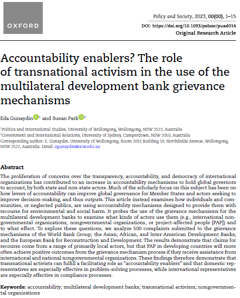 PolicySociety's tweet image. 📢🆕Early view

How are individuals and communities using #Accountability mechanisms❓

@eda__gunaydin &amp;amp; @spark_syd study the use of the grievance mechanisms for #multilateral #developmentbanks (@WorldBank @ADB_HQ @AfDB_Group @the_IDB @EBRD) 👇 

academic.oup.com/policyandsocie…