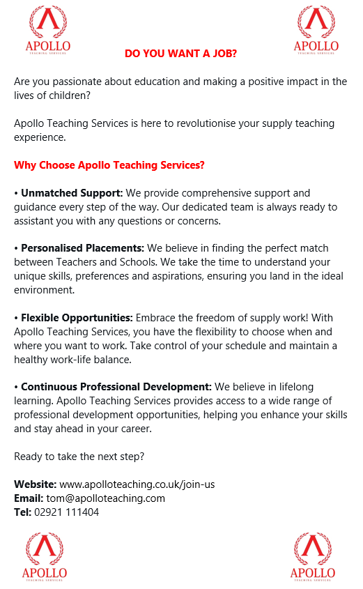 CardiffApollo's tweet photo. We are currently looking for Teaching Assistants to work in a range of schools in Cardiff.

Please contact us!

Tel: 02921 111404
Email: tom@apolloteaching.com https://t.co/DJQbuZUDnX