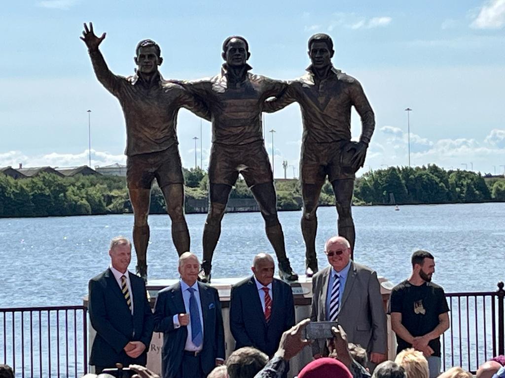 cardiffcouncil's tweet photo. Here it is – the first statue in #Cardiff honouring the city’s legendary #RugbyCodebreakers and the first statue in Wales ever to feature non-fictionalised, named black men. https://t.co/E5N51UpDUg