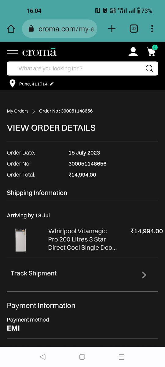 Shriya2708's tweet photo. Placed an order with Croma @cromaretail on 15/07/2023 with an estimated delivery of 18/07/2023. After following up for 3 days, received a call on 19/07/2023 saying that they don't have the product in stock and will have to cancel the order.
#CromaDelivery needs stronger team https://t.co/TH205wzOIM