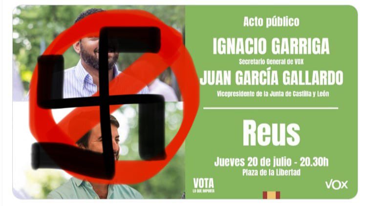 💥Alerta antifeixista, STOP VOX!💥
🌎 Reus 
📍 Dijous 20, a les 20:15h a la plaça Llibertat

Difon per xarxes socials!!

NI UN PAS ENRERE CONTRA ELS DISCURSOS D'ODI! ✊