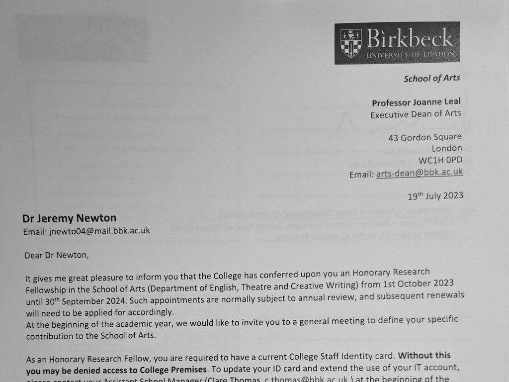 Just received this letter confirming an Honorary Research Fellowship in the School of Arts at Birkbeck. I am utterly delighted!