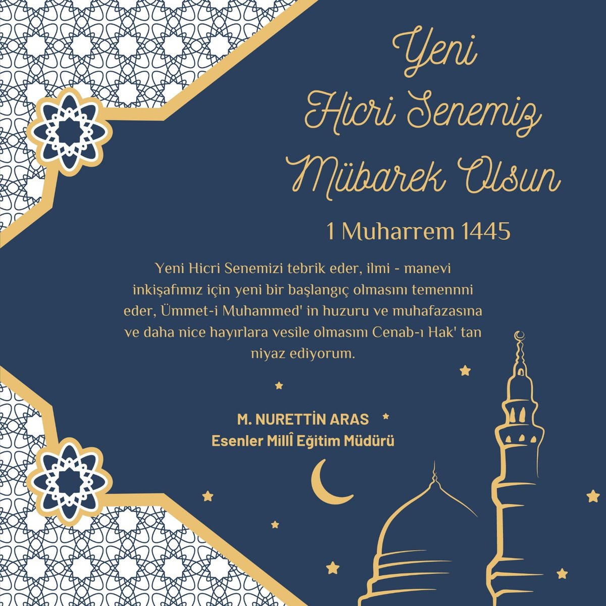 Yeni Hicri Senemizi tebrik eder,ilmi-manevi inkişafımız için yeni bir başlangıç olmasını temennni eder, Ümmet-i Muhammed'in huzuru ve muhafazasına ve daha nice hayırlara vesile olmasını Cenab-ı Hak'tan niyaz ediyoruz.
<a href="/tcmeb/">Millî Eğitim Bakanlığı</a> <a href="/Yusuf__Tekin/">Yusuf Tekin</a>
<a href="/memleventyazici/">Levent Yazıcı</a> <a href="/istanbulilmem/">İstanbul İl Millî Eğitim Müdürlüğü</a> 
<a href="/mnaras/">M.Nurettin ARAS🇹🇷</a>