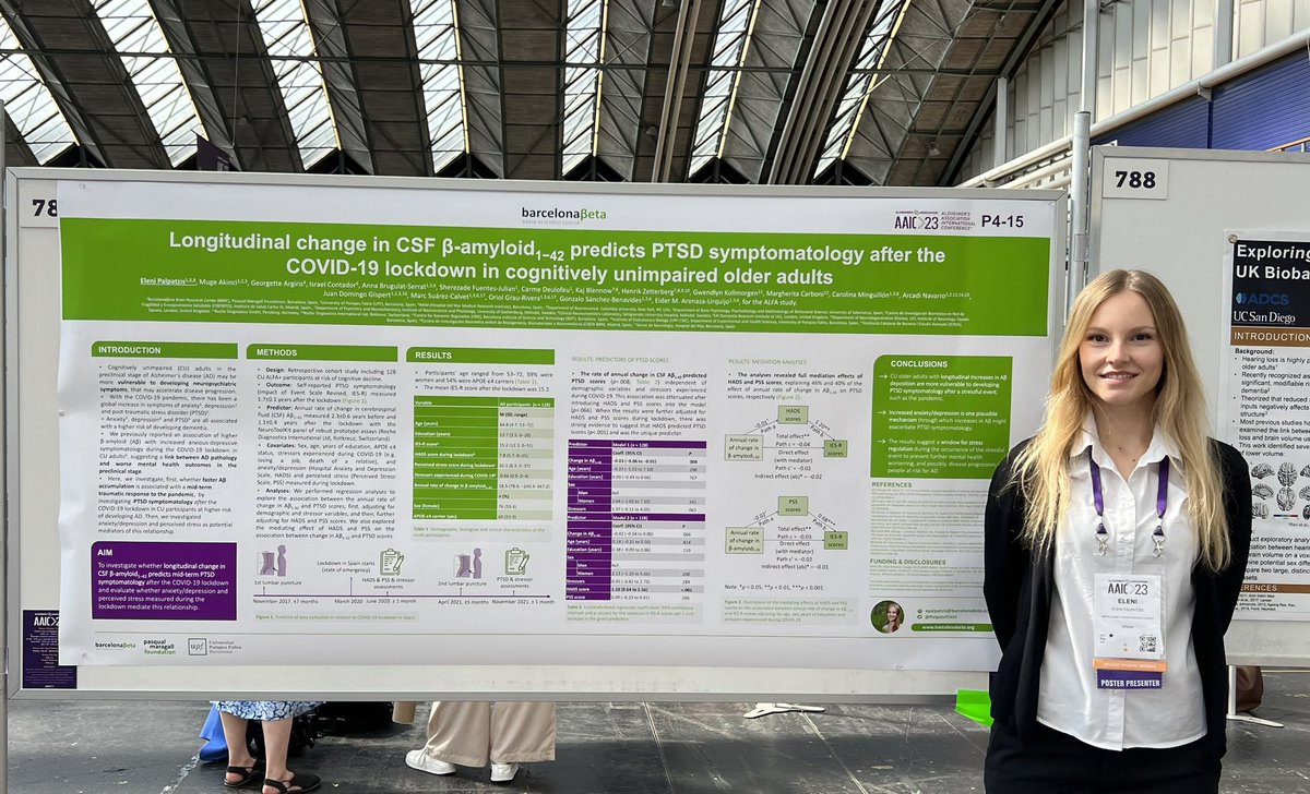 Come visit poster #787 at #AAIC2023 to hear about the link between longitudinal Aβ increases and PTSD symptoms following COVID-19 lockdown ⚠️ @ReservePIA @NeuroPsychPIA @BarcelonaBeta