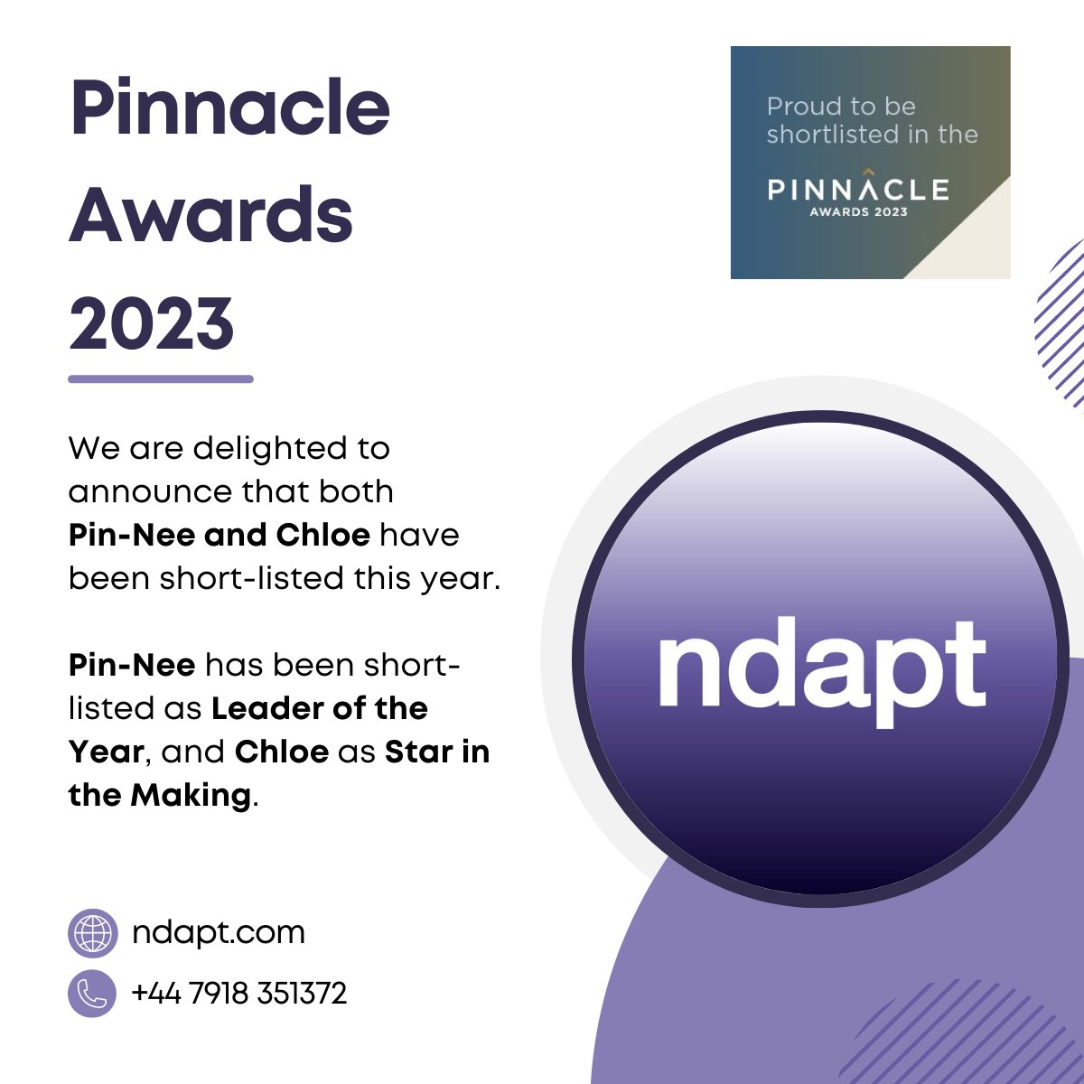 ndapt (@ndapt1) on Twitter photo We are delighted to announce that both Pin-Nee Tang and Chloe Leslie have been short-listed for the <a href="/PMIPensions/">The Pensions Management Institute</a> Pinnacle Awards 2023. Pin-Nee as Leader of the Year, and Chloe as Star in the Making.
#ndapt #PinnacleAwards2023 We are delighted to announce that both Pin-Nee Tang and Chloe Leslie have been short-listed for the <a href="/PMIPensions/">The Pensions Management Institute</a> Pinnacle Awards 2023. Pin-Nee as Leader of the Year, and Chloe as Star in the Making.
#ndapt #PinnacleAwards2023