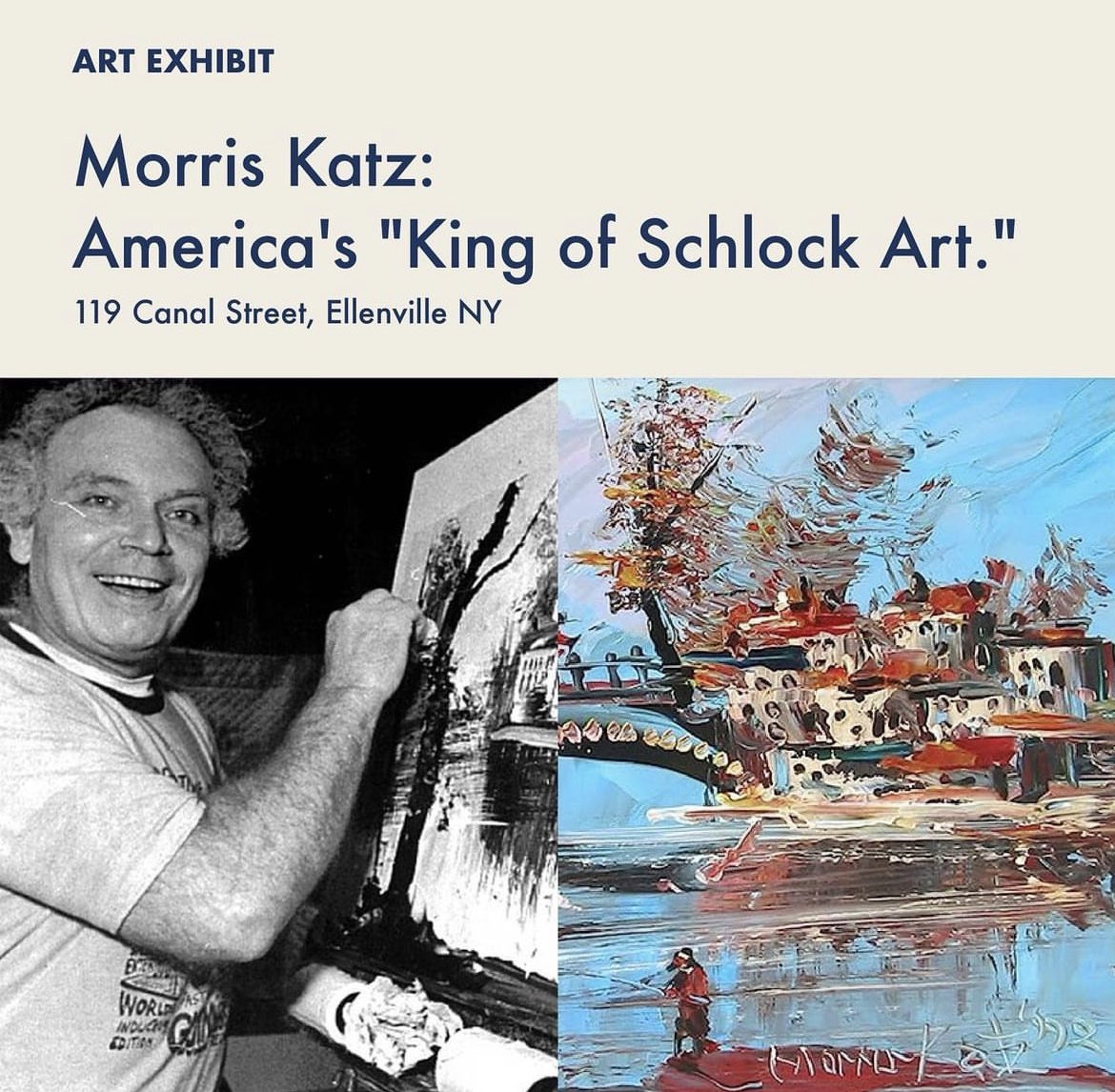 borschtbelt's tweet photo. Join us at the opening reception for our latest exhibit...

Morris Katz: America's 'King of Schlock Art'. 

Opening Reception: Friday, July 21 4-7pm
119 Canal Street, Ellenville
Free admission 

Reception sponsored by City Winery @citywineryhv https://t.co/iSN25Ynn3d