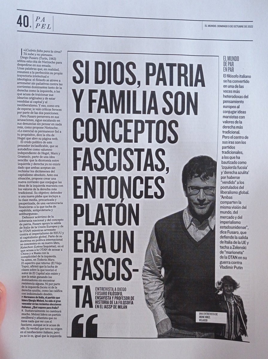 Ni Dios, ni patria ni familia son conceptos fascistas. Los conceptos no tienen ideología. Lo que es fascista es apropiarse de esos conceptos y pretender que tu manera de entenderlos sea la única. Parece mentira que tenga que venir un puto cómico a explicar a Platón.