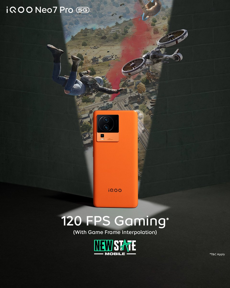 IqooInd's tweet image. #iQOONeo7Pro's Game Frame Interpolation takes gaming to a whole new level! Boost frame rates up to 90 or 120 FPS @NEWSTATEMOBILE, while consuming low power in high-frame-rate mode.