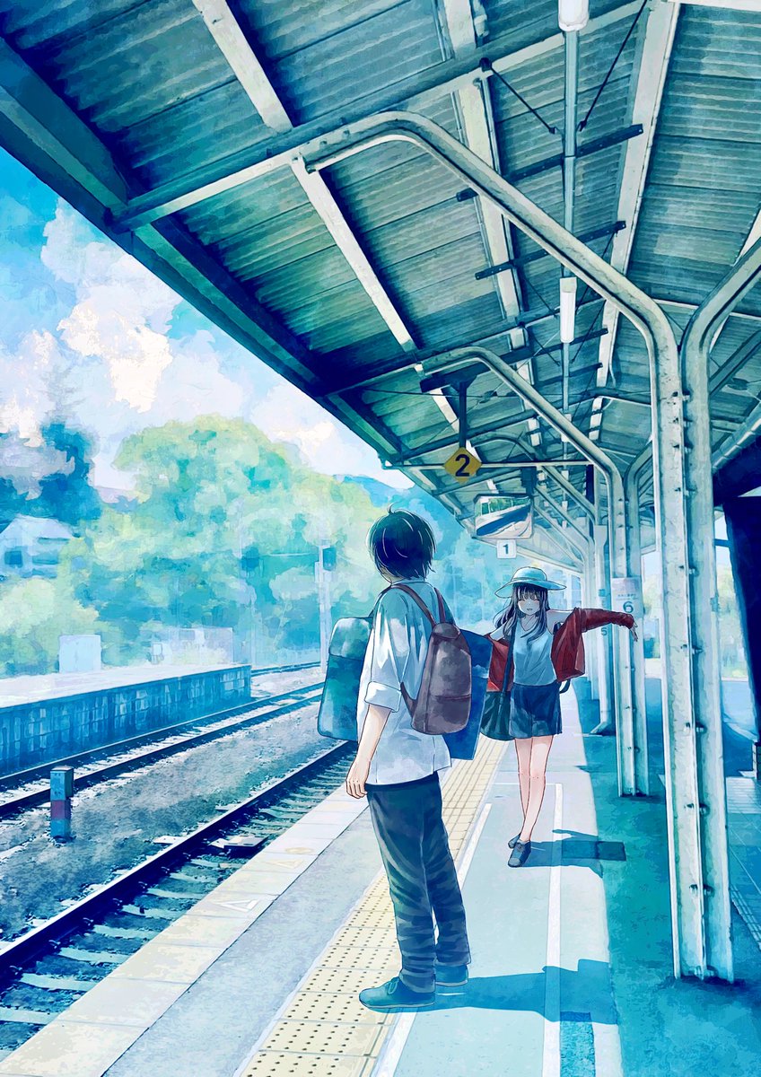 1girl 1boy train station railroad tracks bag backpack black hair  illustration images