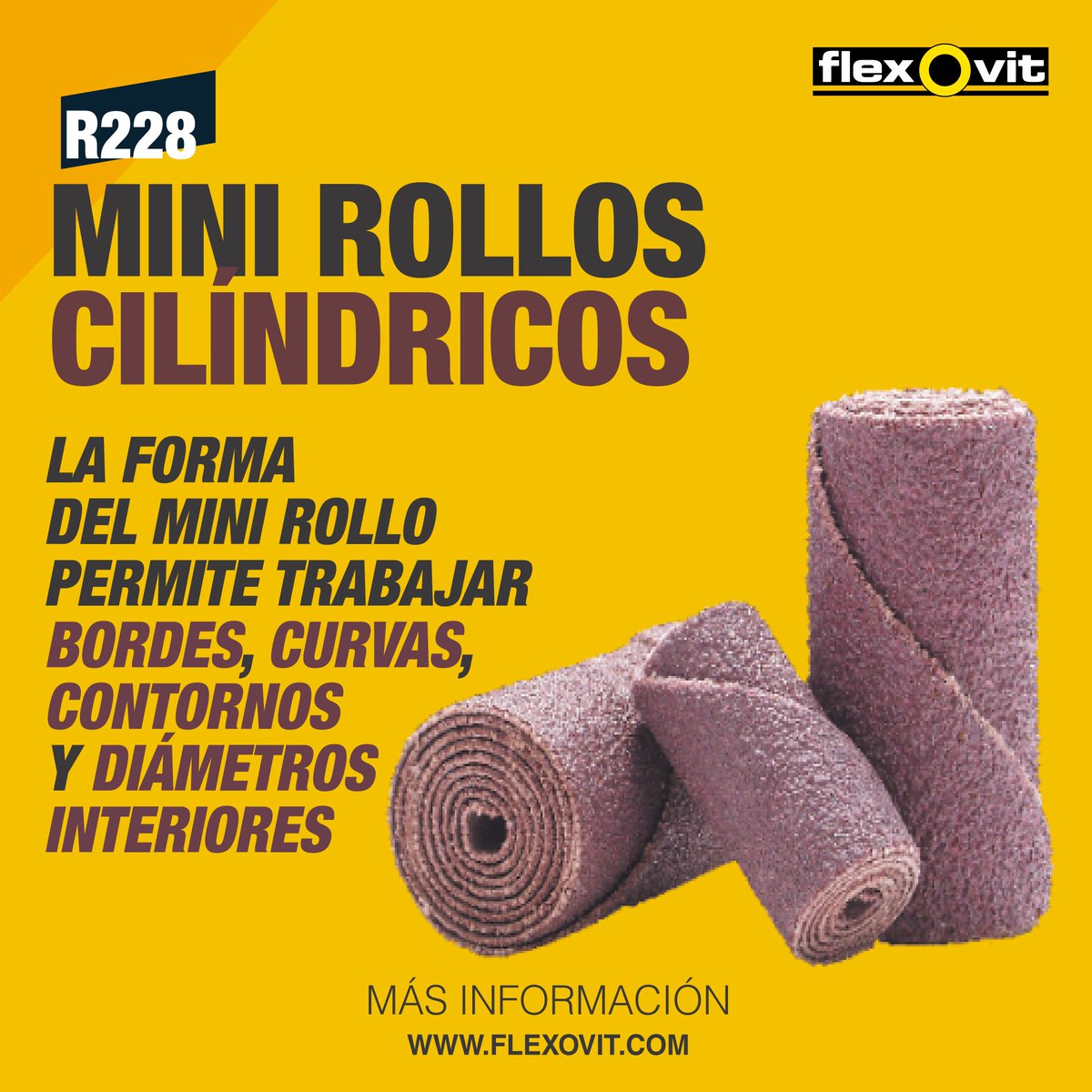 💛💛 Los Mini Rollos Cilíndricos #Flexovit con su forma especial y las características del grano de óxido de aluminio te permitirán eliminar rebabas y  trabajar bordes y esquinas sin que la pieza se queme 💪💪.
📰: loom.ly/W30pM0k
#FlexovitAbrasivosEspaña #MiniRollos