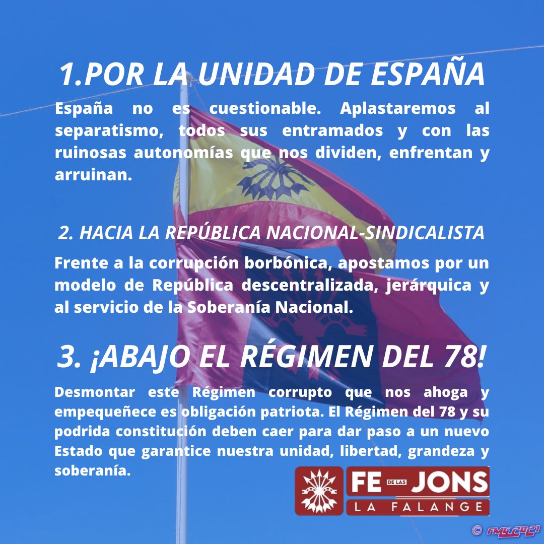 NosotrosFalange's tweet photo. ▪️Por la Unidad de España.
▪️Hacia la República Nacional-Sindicalista.
▪️¡Abajo el Régimen del 78!

▪️¡España soberana!
▪️¡Fuera la Unión Europea!
▪️¿Inmigración? ¡Alto a la invasión!

▪️¡Vida y familia!
▪️Economía al servicio de España.
▪️Sanidad nacional y de calidad. https://t.co/gVL62OluVl