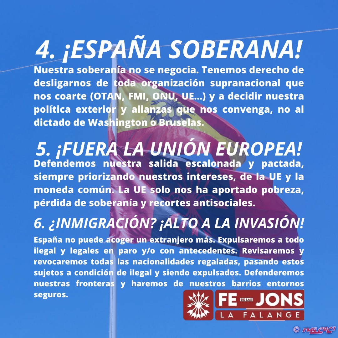 NosotrosFalange's tweet photo. ▪️Por la Unidad de España.
▪️Hacia la República Nacional-Sindicalista.
▪️¡Abajo el Régimen del 78!

▪️¡España soberana!
▪️¡Fuera la Unión Europea!
▪️¿Inmigración? ¡Alto a la invasión!

▪️¡Vida y familia!
▪️Economía al servicio de España.
▪️Sanidad nacional y de calidad. https://t.co/gVL62OluVl