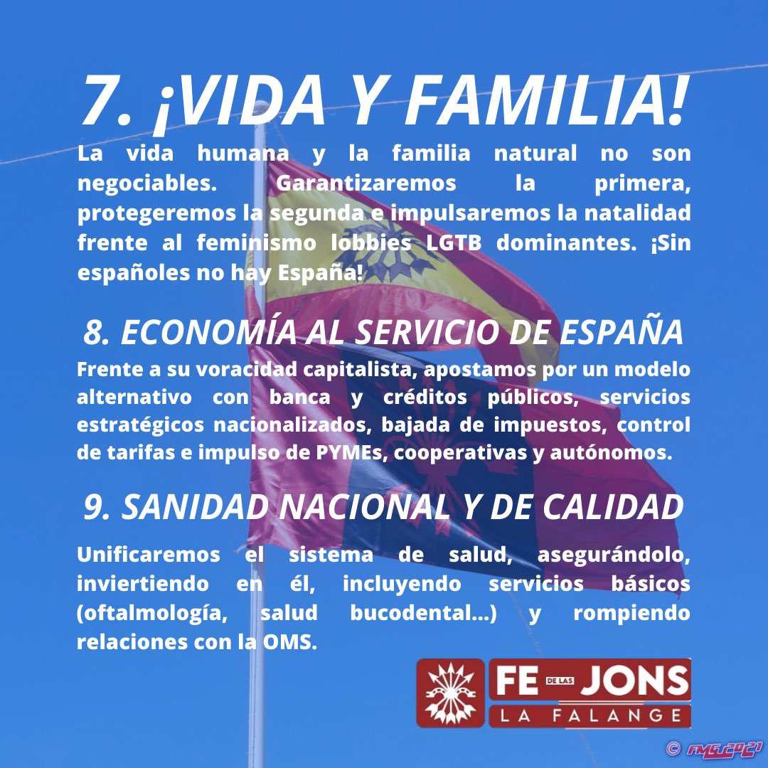 NosotrosFalange's tweet photo. ▪️Por la Unidad de España.
▪️Hacia la República Nacional-Sindicalista.
▪️¡Abajo el Régimen del 78!

▪️¡España soberana!
▪️¡Fuera la Unión Europea!
▪️¿Inmigración? ¡Alto a la invasión!

▪️¡Vida y familia!
▪️Economía al servicio de España.
▪️Sanidad nacional y de calidad. https://t.co/gVL62OluVl