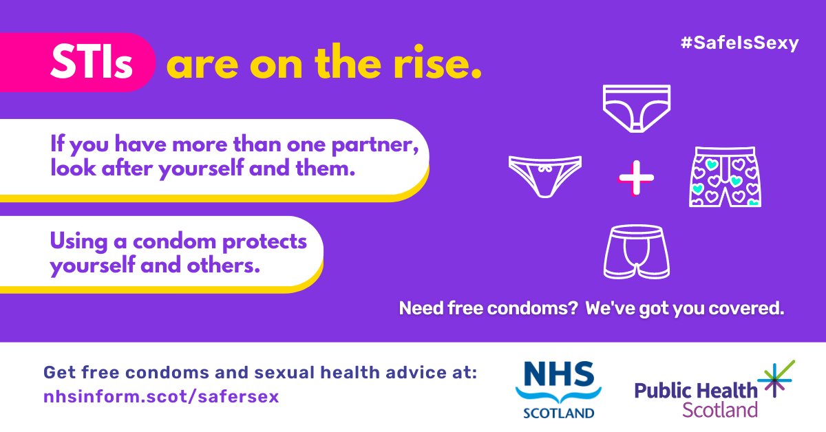 Sexually transmitted infections (STIs) are increasing in Scotland. Look after yourself and your sexual partner. Having safer sex with a condom keeps you and them safe. Get free condoms, sexual health advice, and find sexual health services at nhsinform.scot/safersex #SafeIsSexy