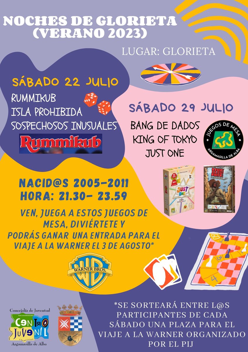 JuventudAlba's tweet photo. NOCHES DE GLORIETA
Ven, participa, juega a estos juegos de mesa, diviértete y podrás ganar 1entrada para el viaje a la Warner🎢 el 3 de agosto*.
SÁBADO 22 DE JULIO
SÁBADO 29 DE JULIO
Colabora Juegos de Mesa Argamasilla
#veranojoven #nochesdeglorieta #ArgamasillaDeAlba #verano2023 https://t.co/HxaDVLjtKr