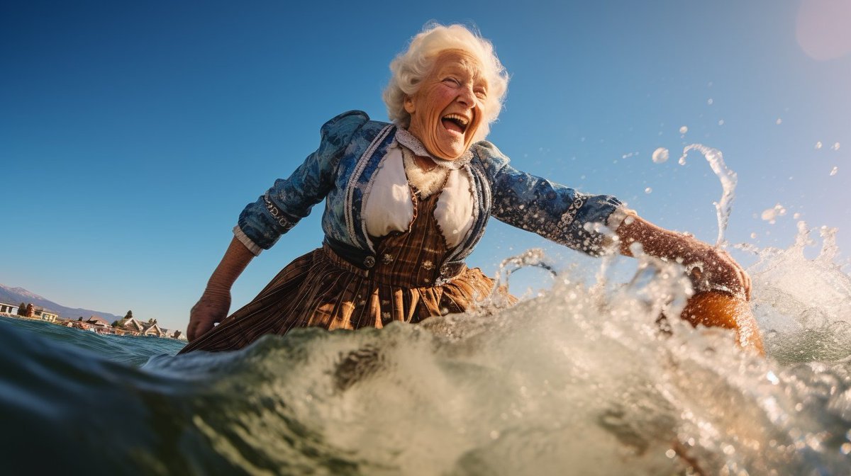 surftownMUC's tweet photo. Vergiss den Rentner:innen-Rabatt im Supermarkt. Unsere Oma bekommt den Rentner:innen-Rabatt auf Coolness in #Surftown. Sie ist die schärfste Oma der Wellen! 🏄‍♀️👵💙 #SurfingSeniorDiscount https://t.co/H2YU9x9jWC