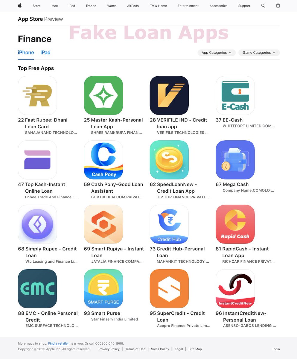 pooniawalla's tweet photo. App Store should launch a new app category in India: "Fake Loan Apps" because there are plenty of them in top charts.

16 out of 100 Top Finance Apps are shady, illegal, fake and predatory loan apps which are scamming, harassing, threatening and blackmailing people for recovery. https://t.co/egjEsqQdfH