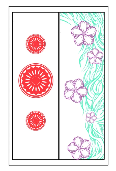 あ、これはiPadで頑張ったやつね。
桜から紋からデザイン考えるのってかなりエネルギー使うんですよ。
これも、なにをしたいのかよくわからないけどハイテンションで説明されて、求める答えに近づけて、やっと形になったんですよね。
赤紋の所に御朱印みたいな綺麗な漢字を入れるものでした。 