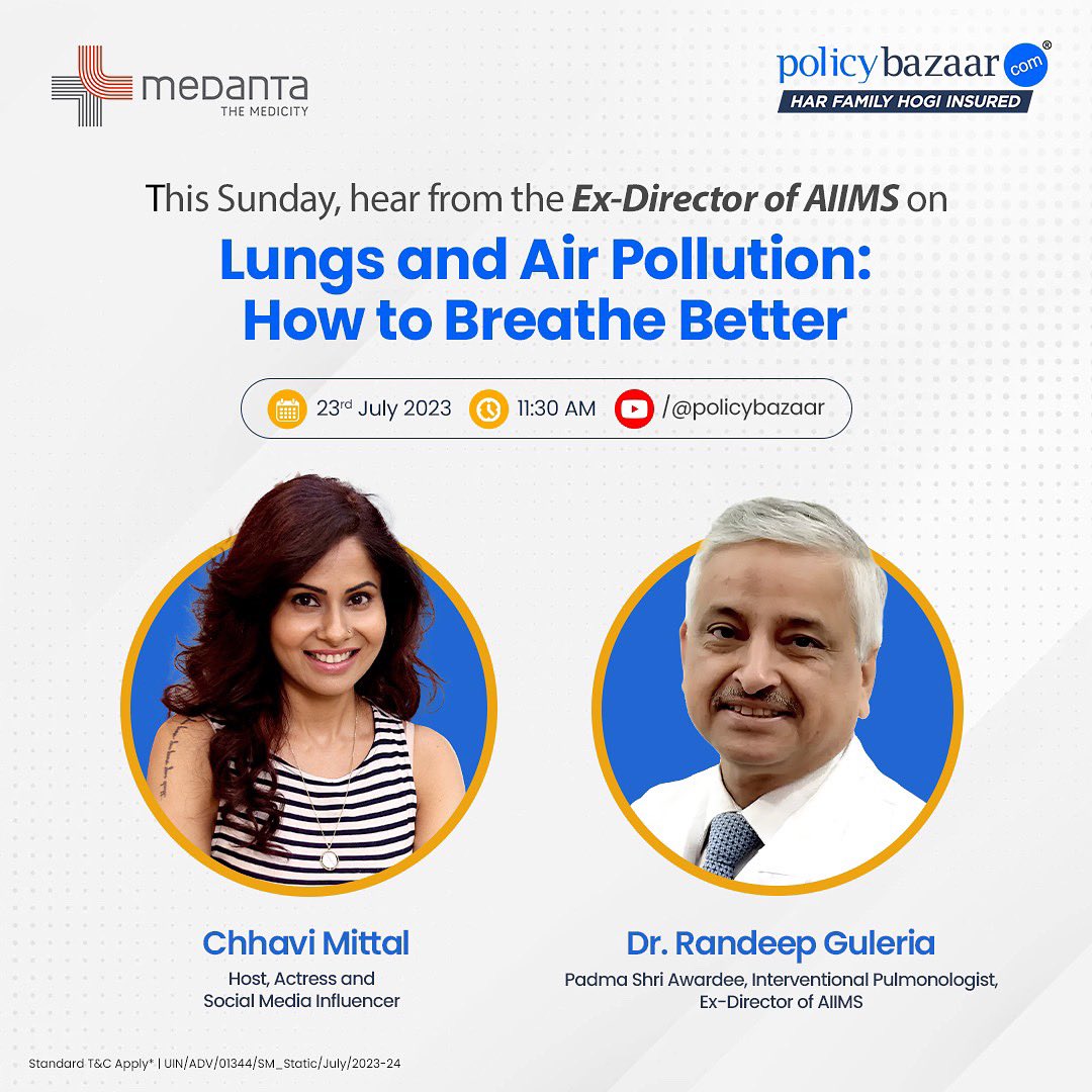 policybazaar's tweet photo. This Sunday, get expert advice from Dr. Randeep Guleria (Padma Shri Awardee and Ex-Director of AIIMS) on how to protect your lungs from air pollution.

#Policybazaar #insurance #sundaywellness #lungprotection #lungproblems #airpollution #health #healthylifestyle #healthtips https://t.co/kUD8tYJNCy