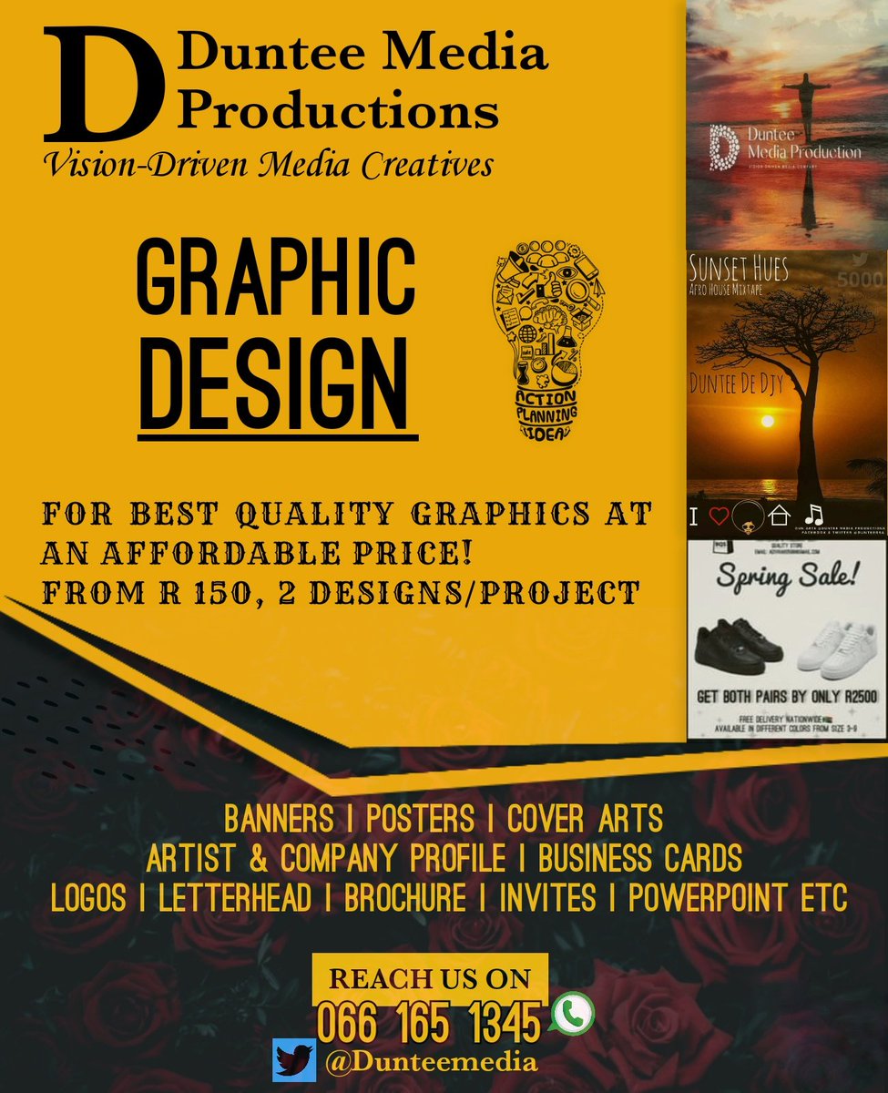 Allow us to help Ignite your brand's life✅️ Best Professional Quality Designs👨🏾‍🎓🔥

Artist & Company Profile | Business Card | Cover Arts | Flyers | Invites | Letterhead | Logo Design | PowerPoint 

#GraphicDesign #DJSBU istore | Putin | Uber | Russia | Lorch | Ratamo | Madiba