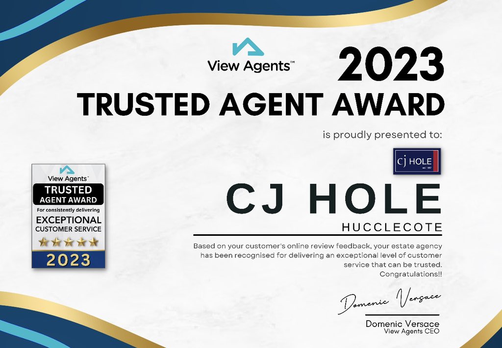 We are pleased to receive another Trusted Agent Award from @viewagents  🏡 

#CJHole #TrustedAgentAward #ViewAgents #CustomerService #Reviews #Hucclecote #Gloucester